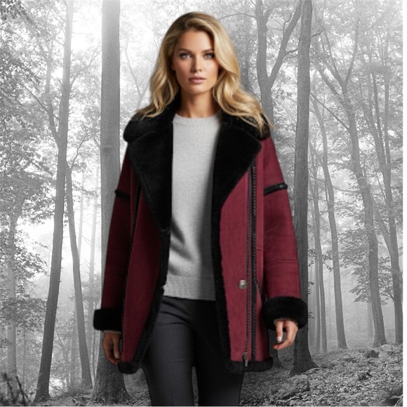 Spolek Luxury Real Lamb Shearling Coat Burgundy/Black Shawl Collar Jacket Sz L - Picture 2 of 11
